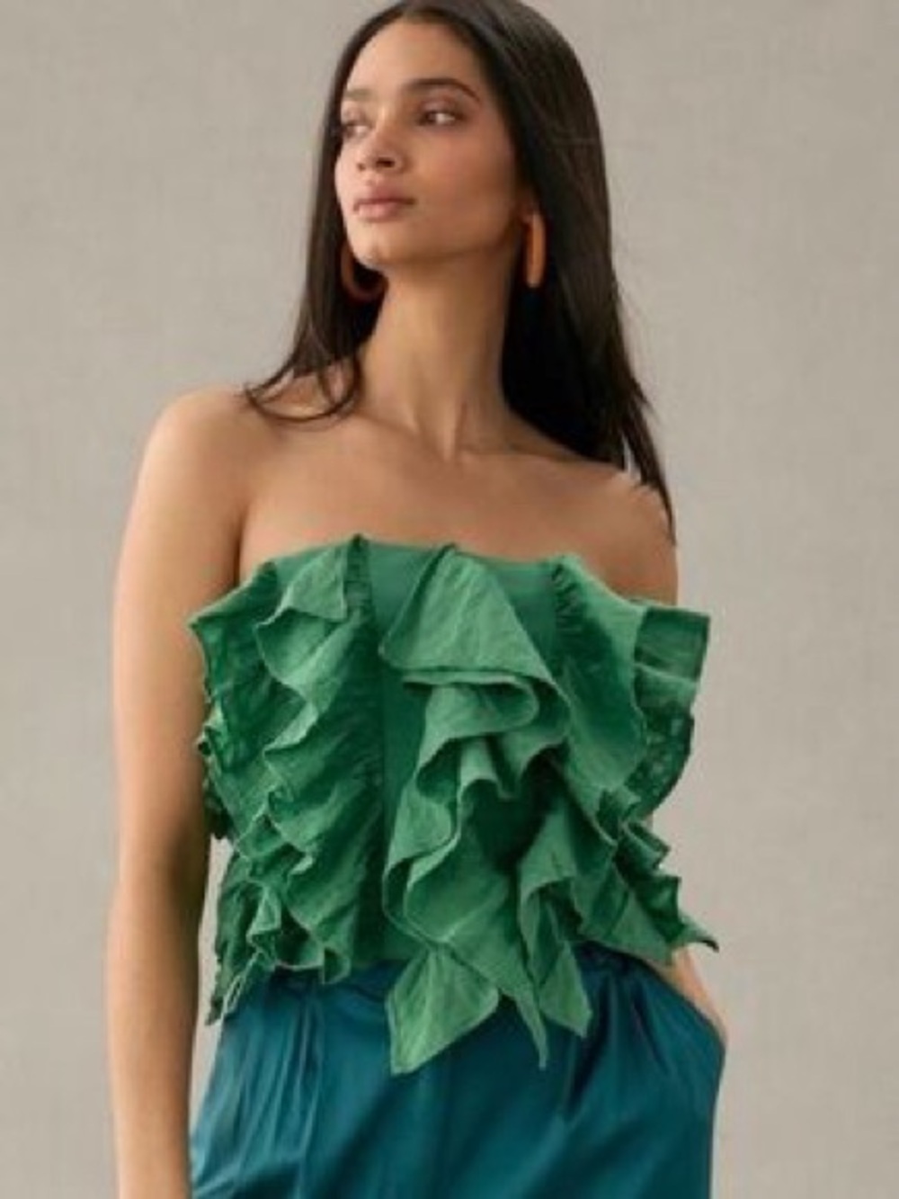 By Anthropologie Green Strapless Ruffle Top